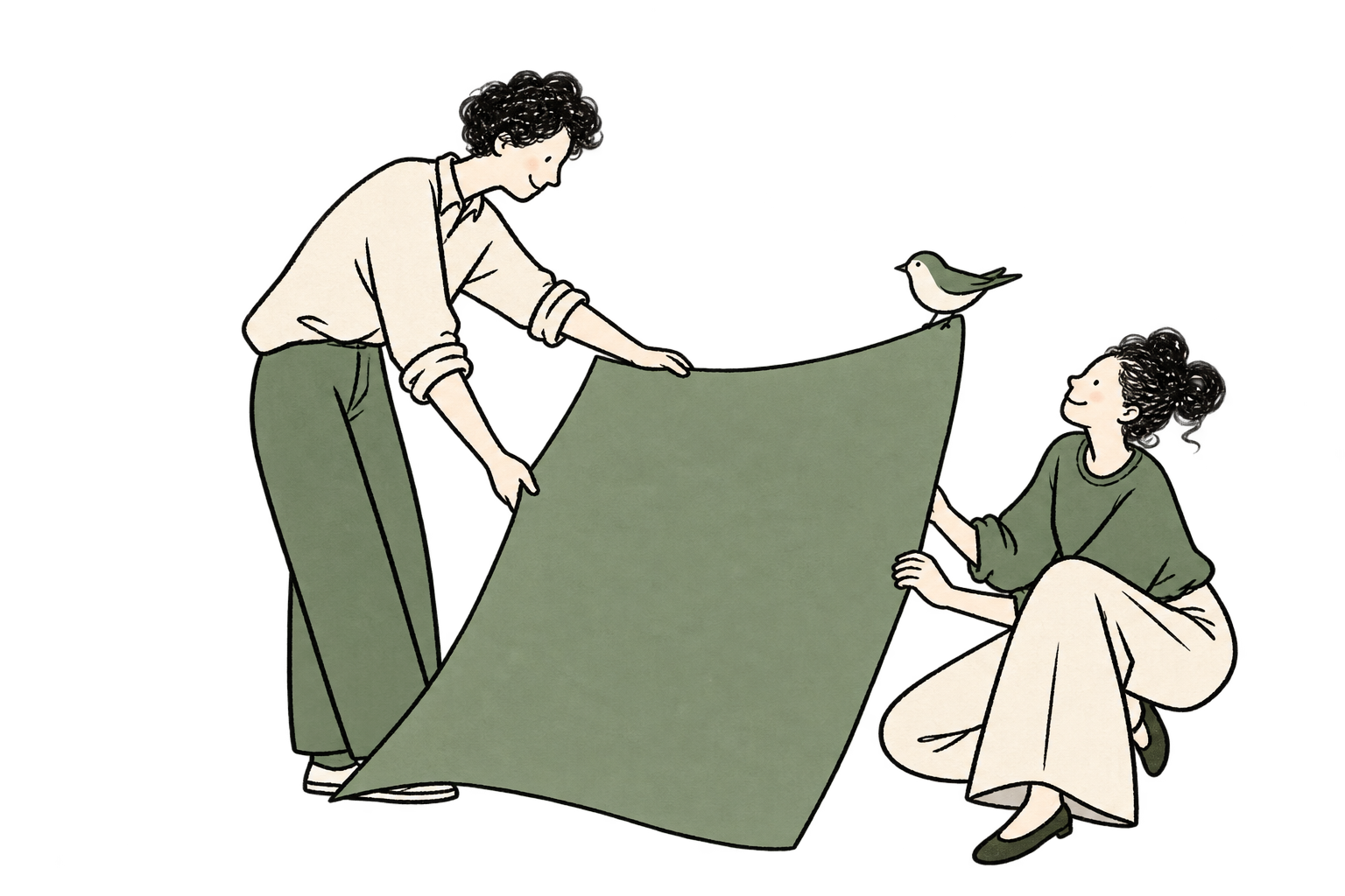 二人で大きな紙を広げ、一緒にかたちを考えるイラスト